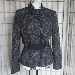 Sandro sportwear black and gray tweed button down jacket with fabric tie…